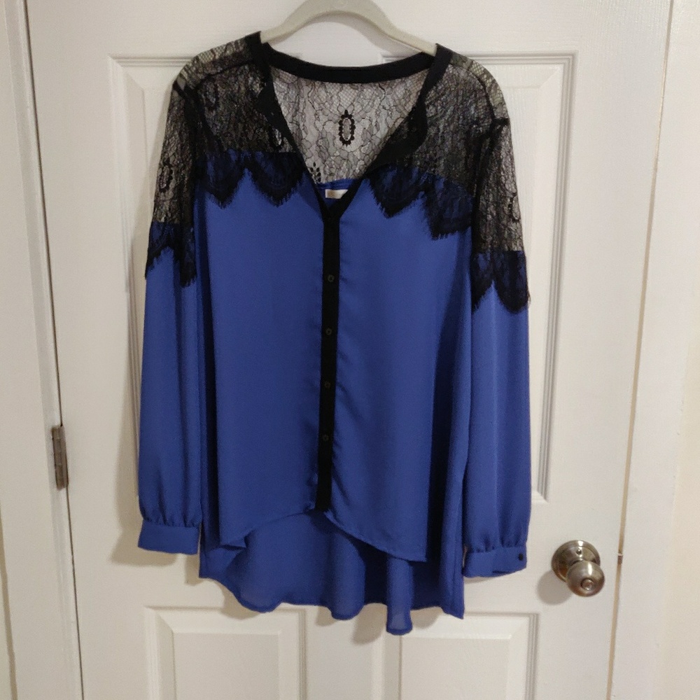 Lauren Conrad Blue Blouse w/ Black Lace Details